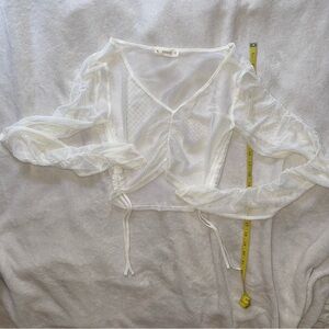 EGGIE Candy Mesh Top Small – White V Neck Crop with Side Ties Jenn Im Brand